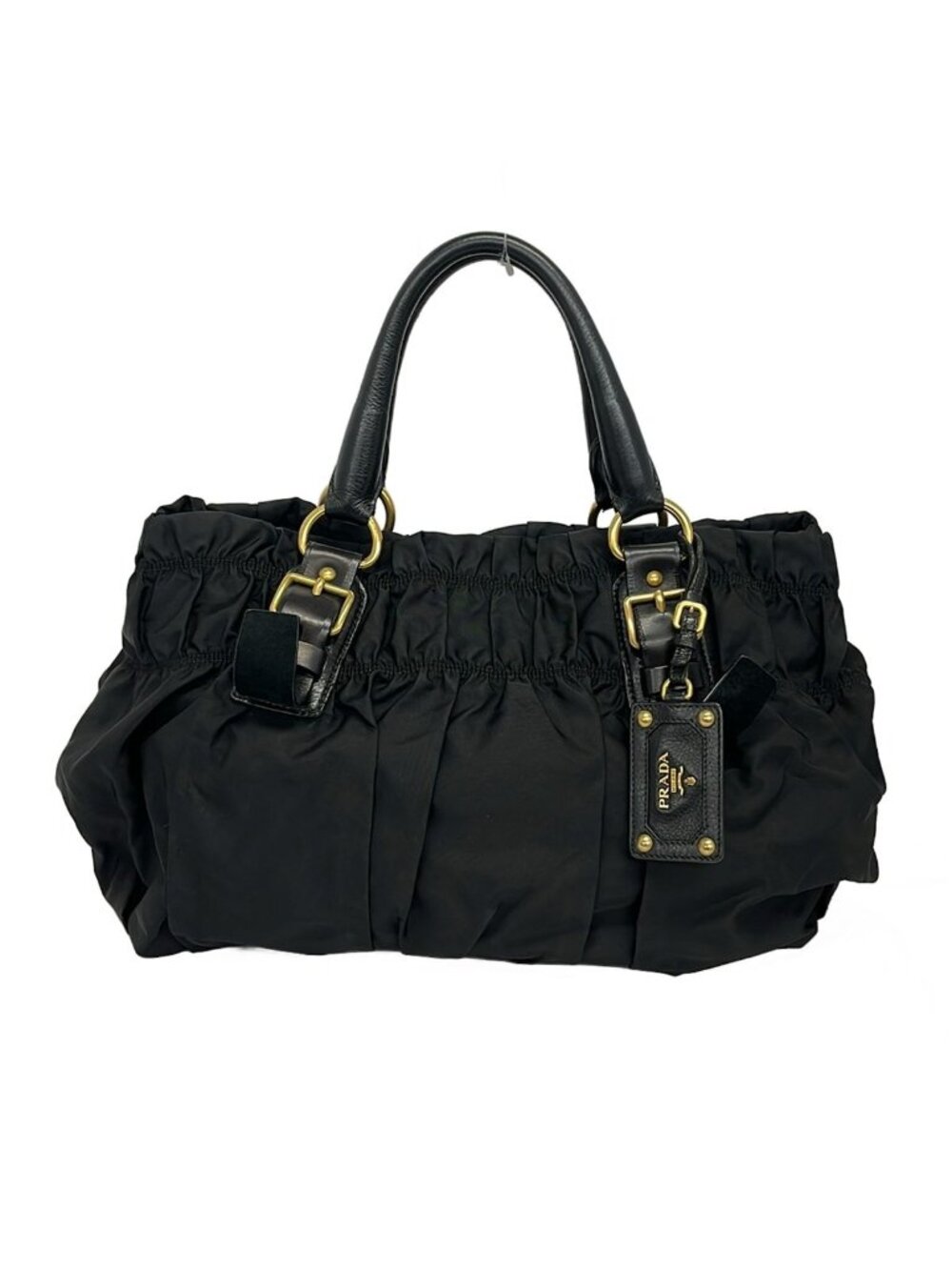 Prada Tote Bag Gathered Black Leather Tag